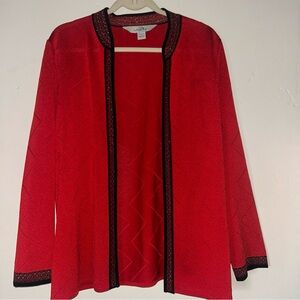 Ming Wang Women’s Red W/ Blk Trim Open Acrylic Cardigan  Sz Large
